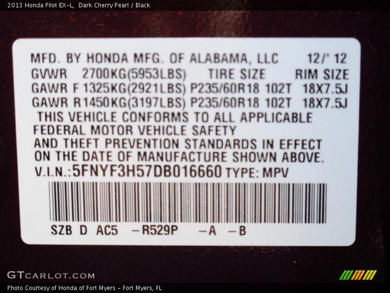 Dark Cherry Pearl / Black 2013 Honda Pilot EX-L