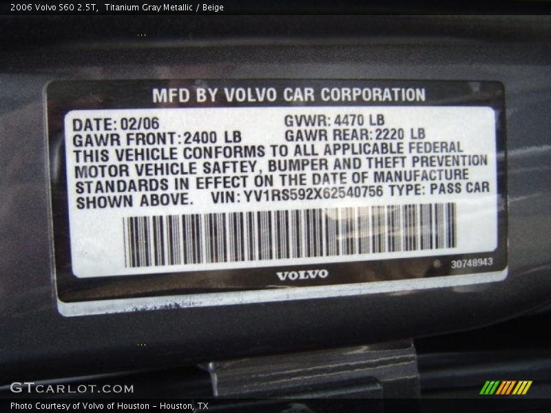 Info Tag of 2006 S60 2.5T
