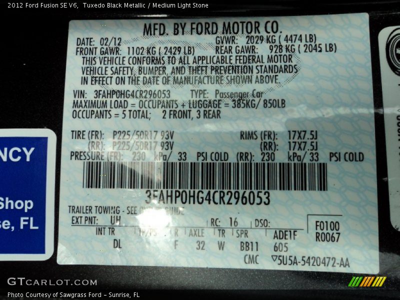 Tuxedo Black Metallic / Medium Light Stone 2012 Ford Fusion SE V6