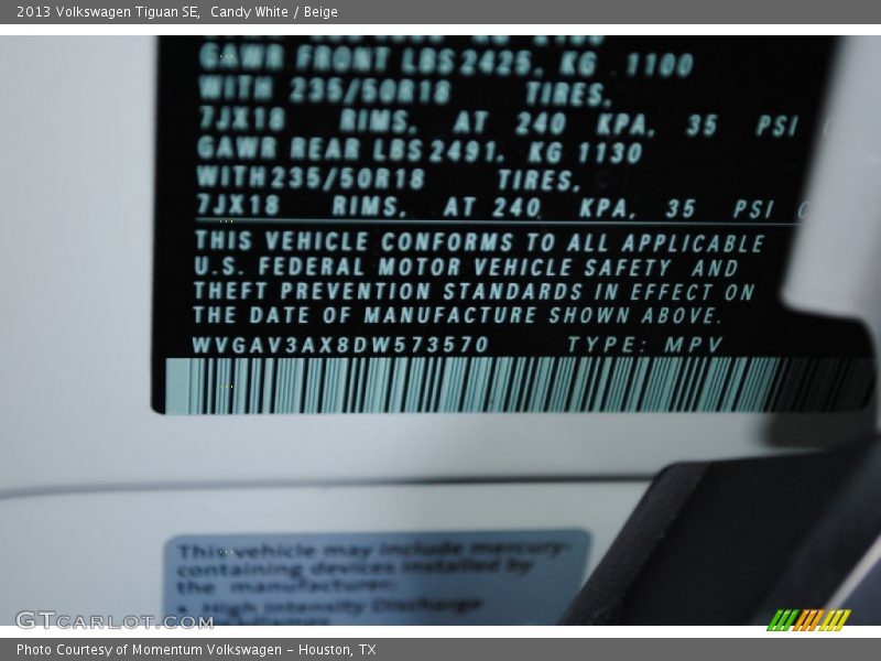 Candy White / Beige 2013 Volkswagen Tiguan SE