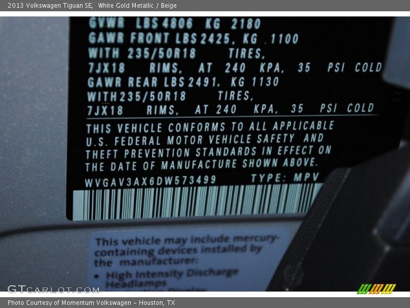 White Gold Metallic / Beige 2013 Volkswagen Tiguan SE