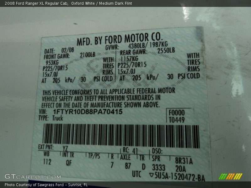 2008 Ranger XL Regular Cab Oxford White Color Code YZ