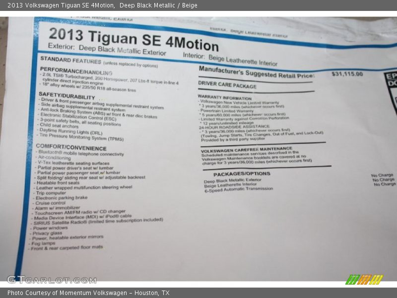  2013 Tiguan SE 4Motion Window Sticker