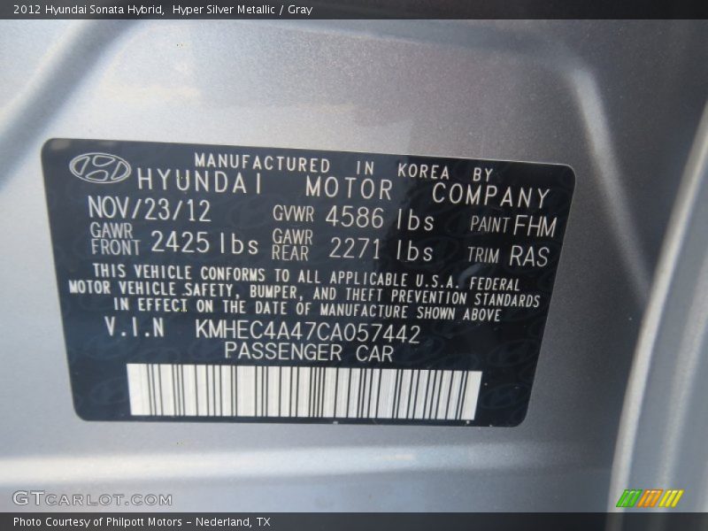 Hyper Silver Metallic / Gray 2012 Hyundai Sonata Hybrid