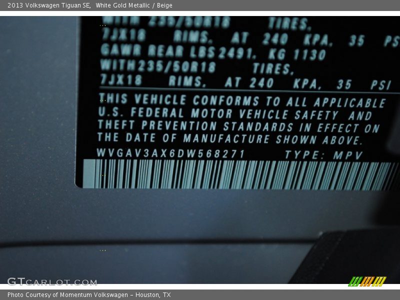 White Gold Metallic / Beige 2013 Volkswagen Tiguan SE