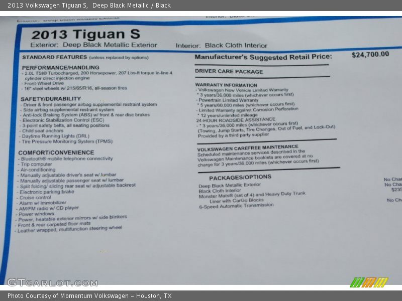 Deep Black Metallic / Black 2013 Volkswagen Tiguan S