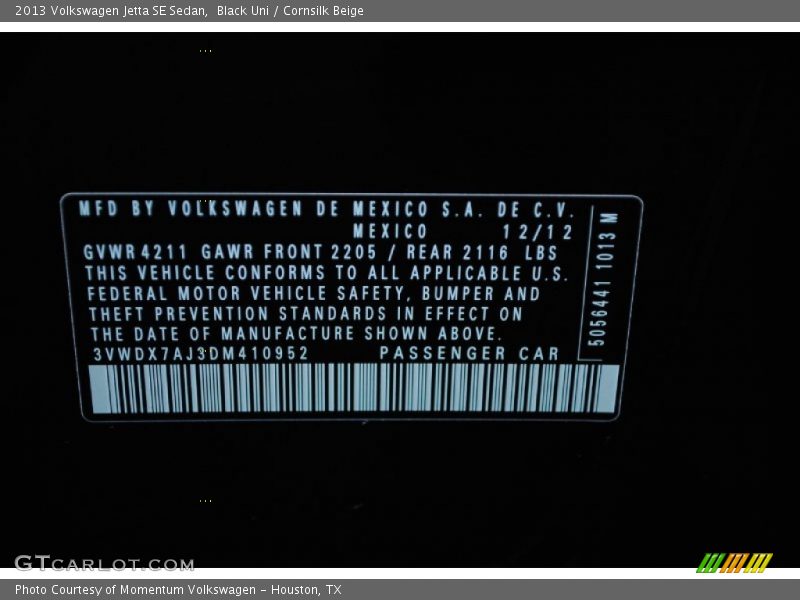 Black Uni / Cornsilk Beige 2013 Volkswagen Jetta SE Sedan