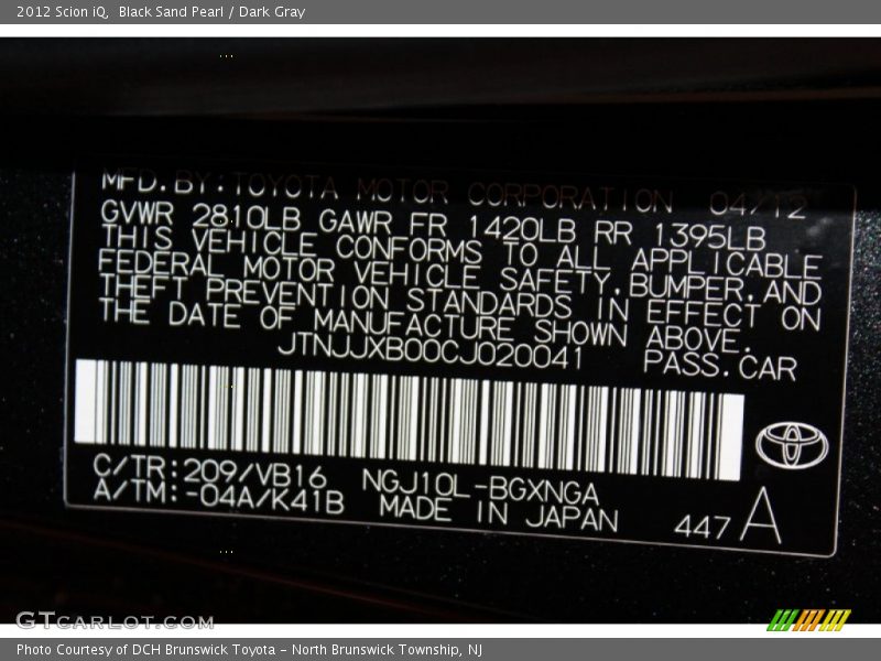 2012 iQ  Black Sand Pearl Color Code 209