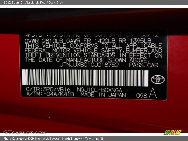 Absolutely Red / Dark Gray 2012 Scion iQ