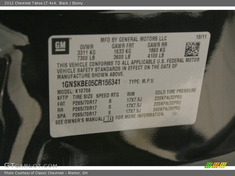 Black / Ebony 2012 Chevrolet Tahoe LT 4x4