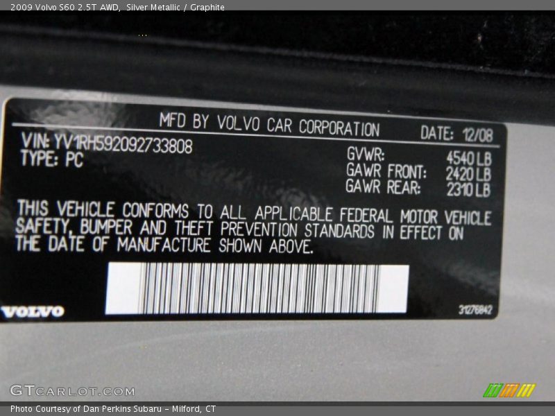 Silver Metallic / Graphite 2009 Volvo S60 2.5T AWD