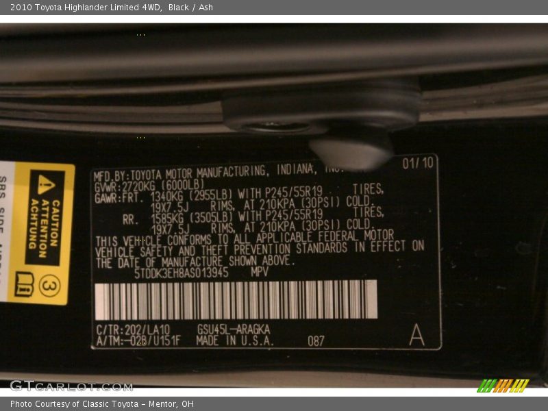 2010 Highlander Limited 4WD Black Color Code 202