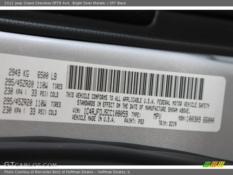 2012 Grand Cherokee SRT8 4x4 Bright Silver Metallic Color Code PS2