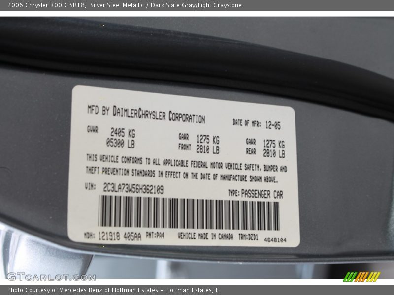 Silver Steel Metallic / Dark Slate Gray/Light Graystone 2006 Chrysler 300 C SRT8