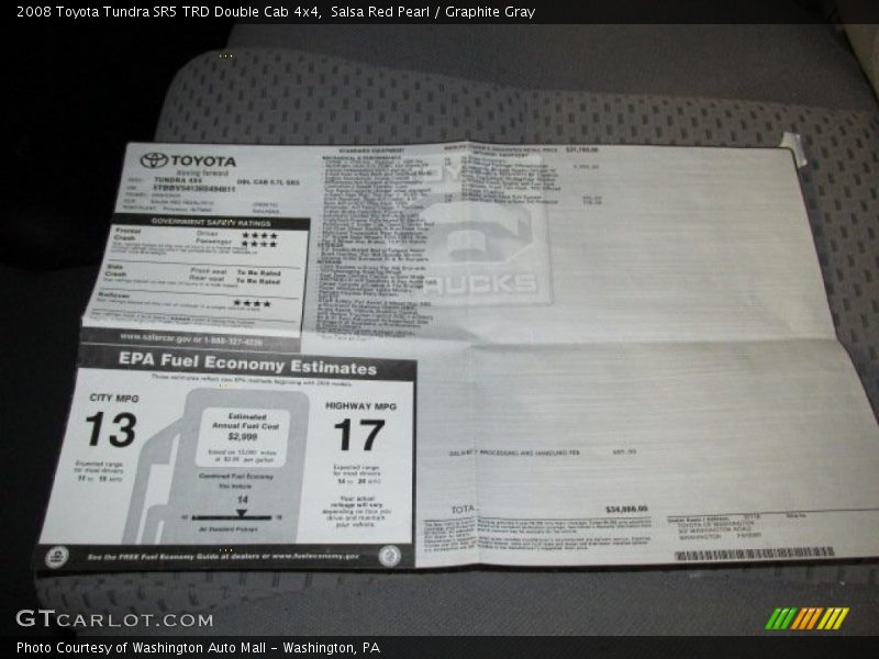  2008 Tundra SR5 TRD Double Cab 4x4 Window Sticker