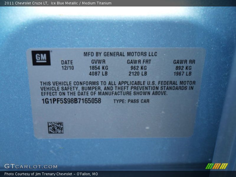 Ice Blue Metallic / Medium Titanium 2011 Chevrolet Cruze LT