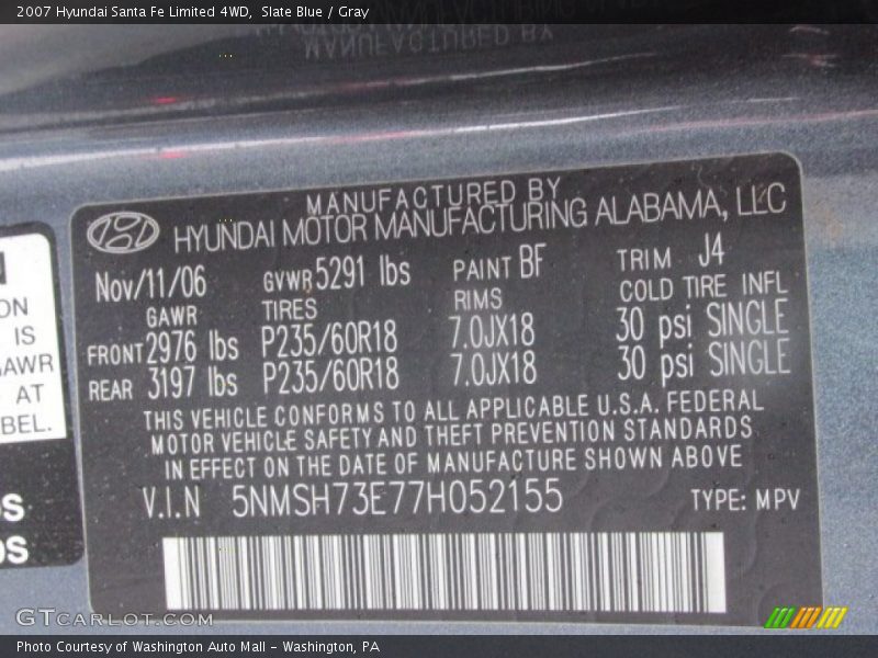 Slate Blue / Gray 2007 Hyundai Santa Fe Limited 4WD