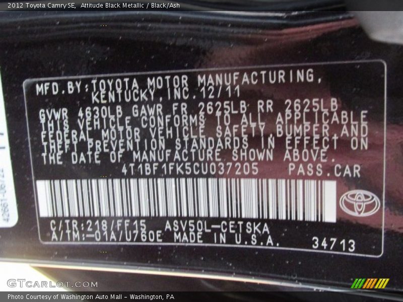 Attitude Black Metallic / Black/Ash 2012 Toyota Camry SE