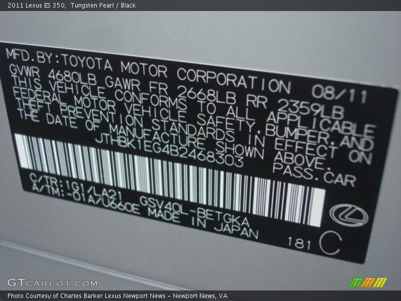 Tungsten Pearl / Black 2011 Lexus ES 350