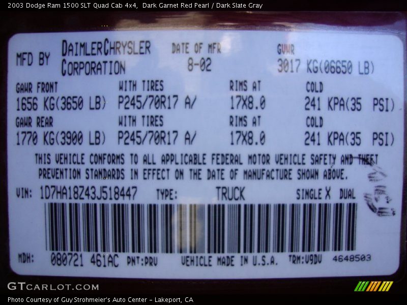 2003 Ram 1500 SLT Quad Cab 4x4 Dark Garnet Red Pearl Color Code PRV