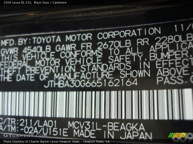 2006 ES 330 Black Onyx Color Code 211