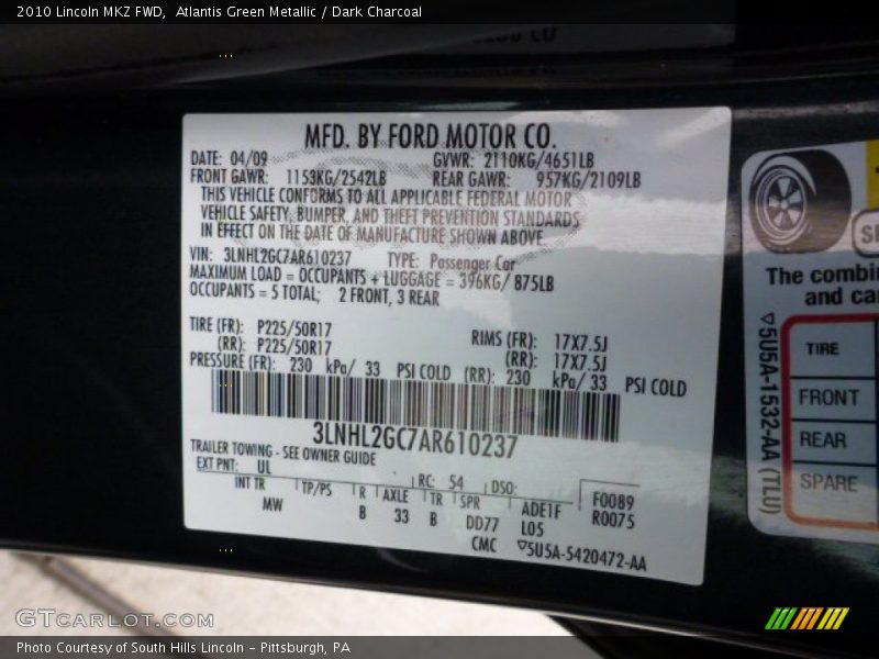 Atlantis Green Metallic / Dark Charcoal 2010 Lincoln MKZ FWD
