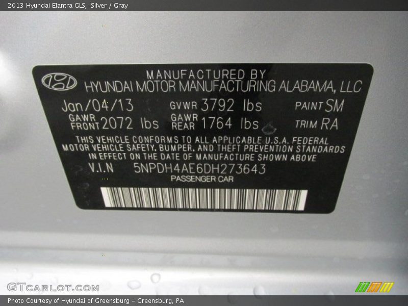 Silver / Gray 2013 Hyundai Elantra GLS
