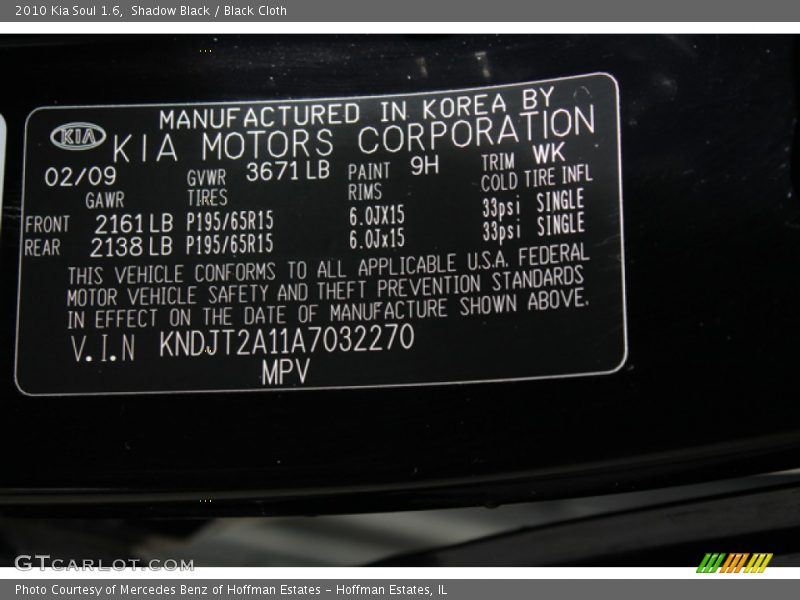 Shadow Black / Black Cloth 2010 Kia Soul 1.6