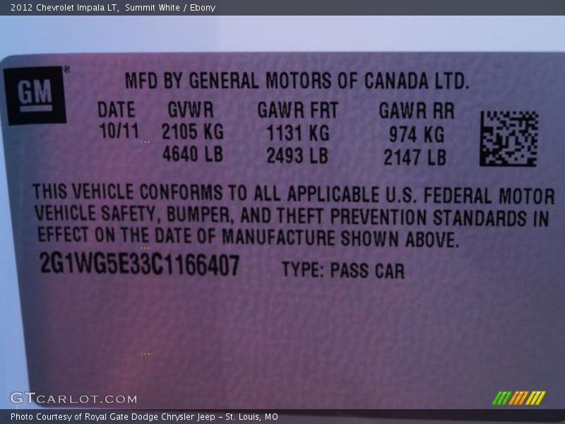 Summit White / Ebony 2012 Chevrolet Impala LT