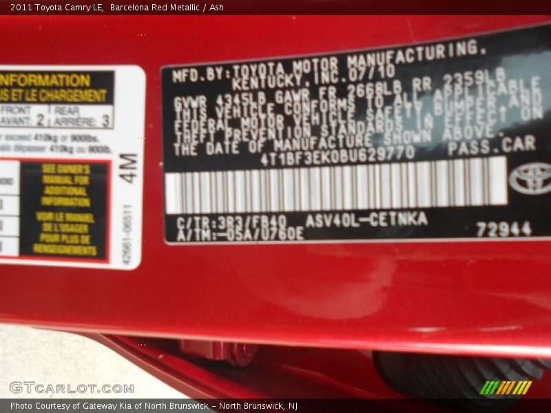 Barcelona Red Metallic / Ash 2011 Toyota Camry LE