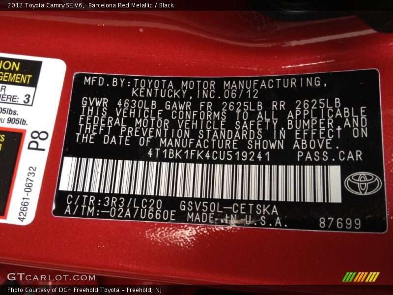 Barcelona Red Metallic / Black 2012 Toyota Camry SE V6