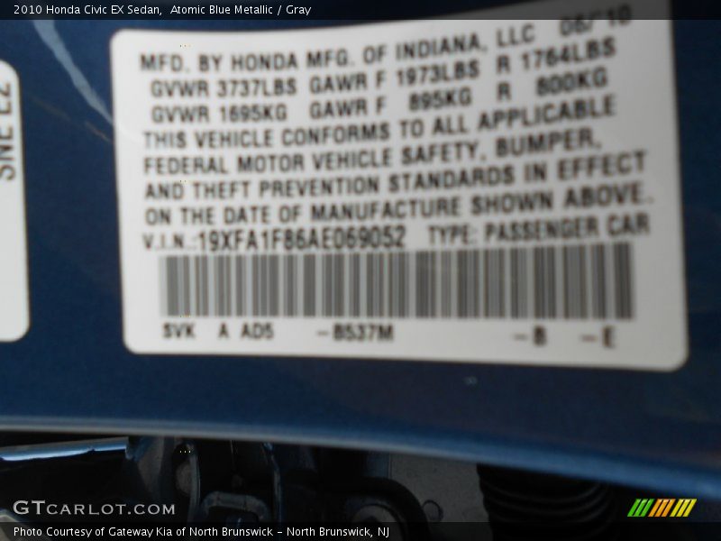 Atomic Blue Metallic / Gray 2010 Honda Civic EX Sedan