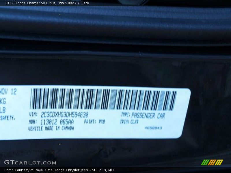 2013 Charger SXT Plus Pitch Black Color Code PX8