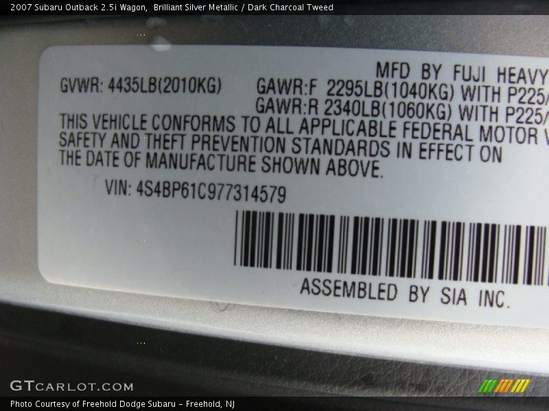 Brilliant Silver Metallic / Dark Charcoal Tweed 2007 Subaru Outback 2.5i Wagon