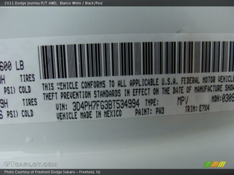 2011 Journey R/T AWD Bianco White Color Code PW3