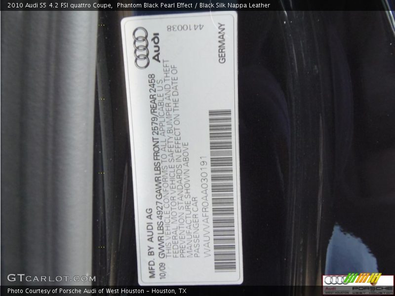 Phantom Black Pearl Effect / Black Silk Nappa Leather 2010 Audi S5 4.2 FSI quattro Coupe