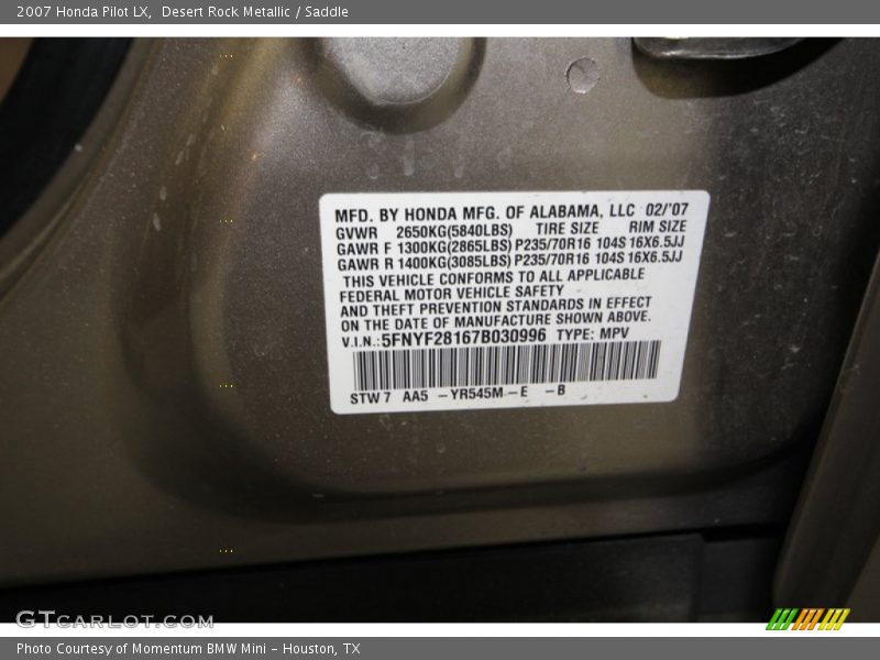 Desert Rock Metallic / Saddle 2007 Honda Pilot LX