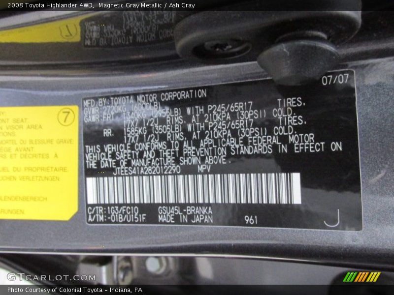 2008 Highlander 4WD Magnetic Gray Metallic Color Code 1G3