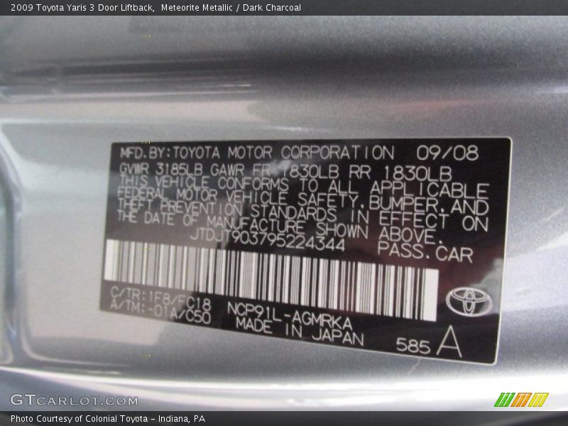 2009 Yaris 3 Door Liftback Meteorite Metallic Color Code 1F8
