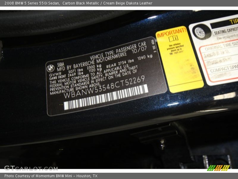 Carbon Black Metallic / Cream Beige Dakota Leather 2008 BMW 5 Series 550i Sedan