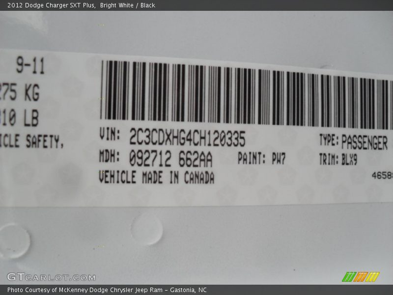 Bright White / Black 2012 Dodge Charger SXT Plus