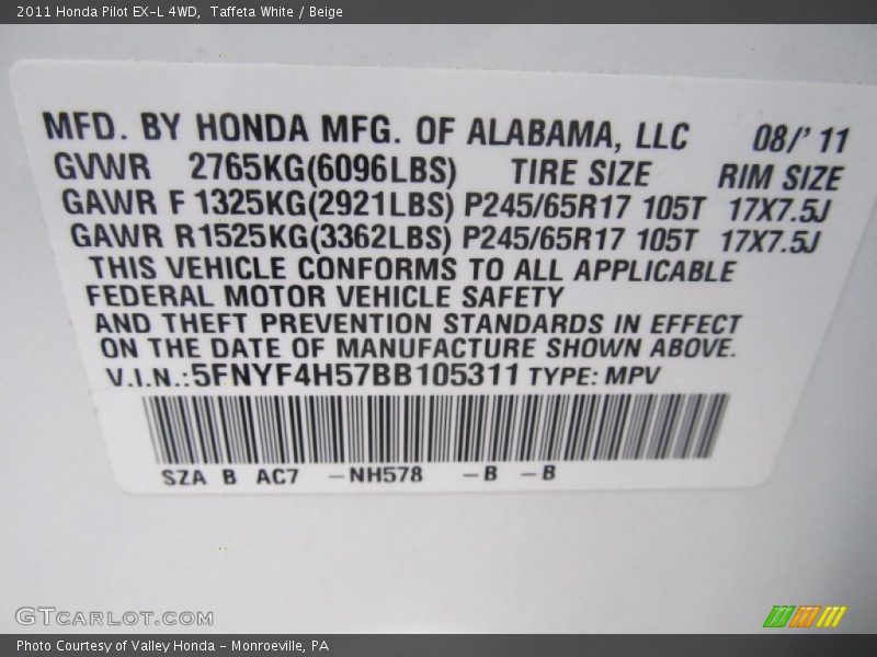 Taffeta White / Beige 2011 Honda Pilot EX-L 4WD