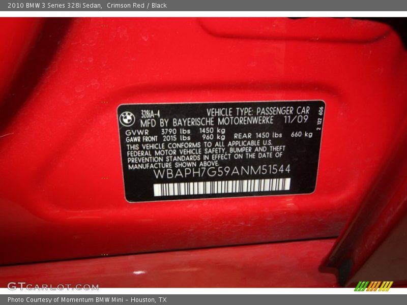 Info Tag of 2010 3 Series 328i Sedan