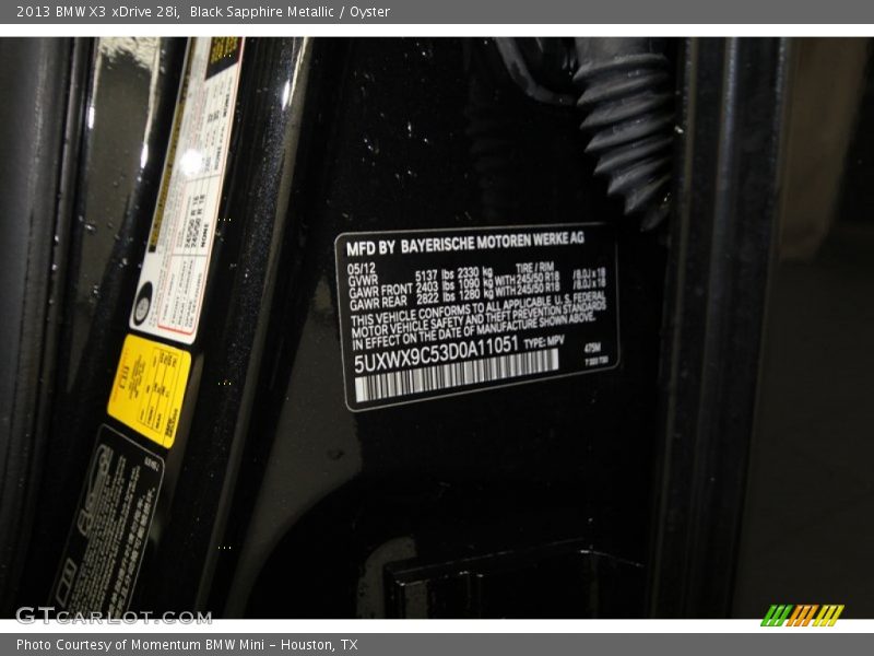 Black Sapphire Metallic / Oyster 2013 BMW X3 xDrive 28i