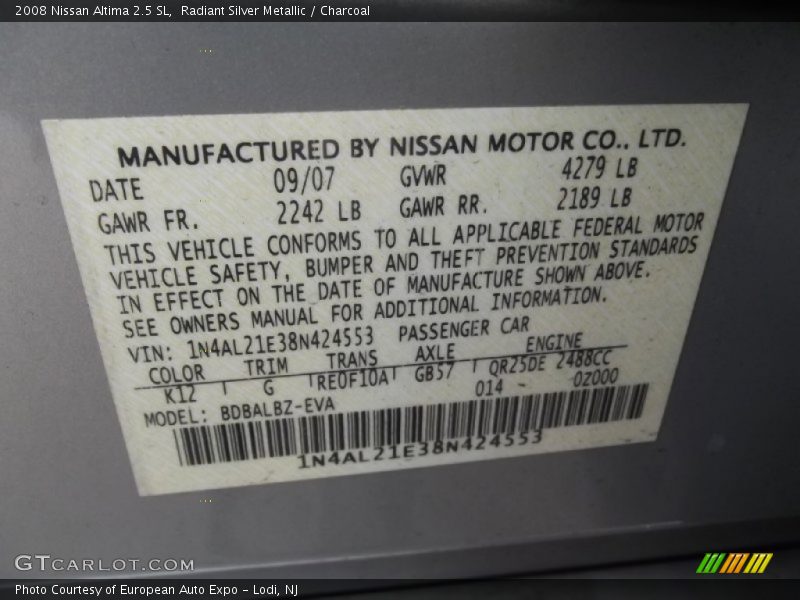 2008 Altima 2.5 SL Radiant Silver Metallic Color Code K12