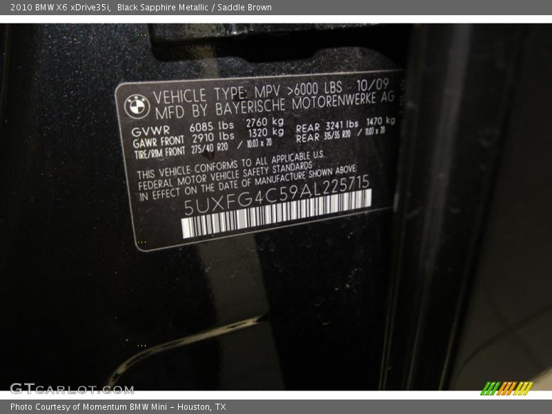 Black Sapphire Metallic / Saddle Brown 2010 BMW X6 xDrive35i