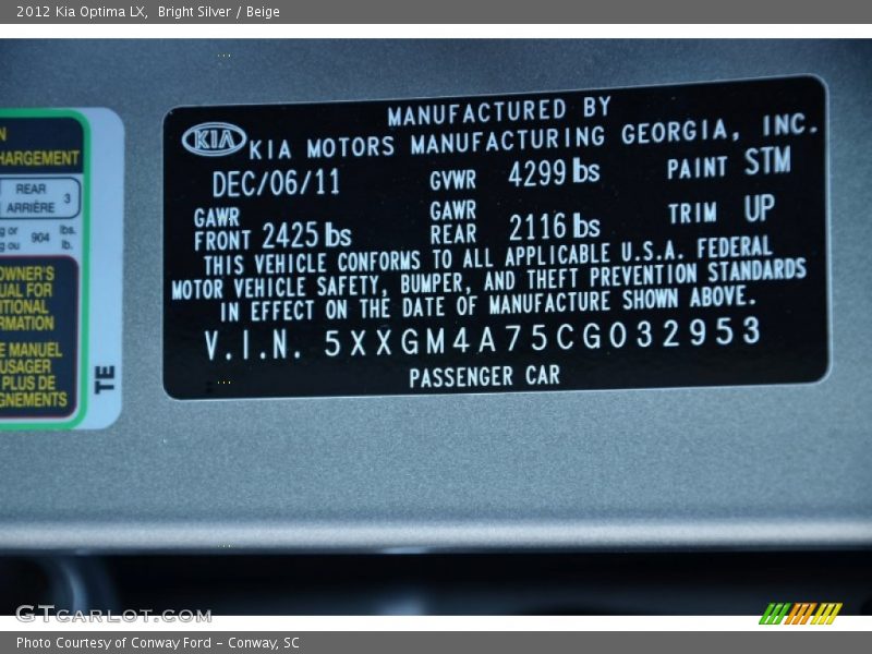 Bright Silver / Beige 2012 Kia Optima LX