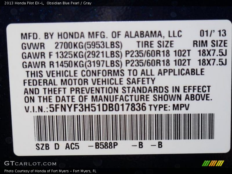 Obsidian Blue Pearl / Gray 2013 Honda Pilot EX-L