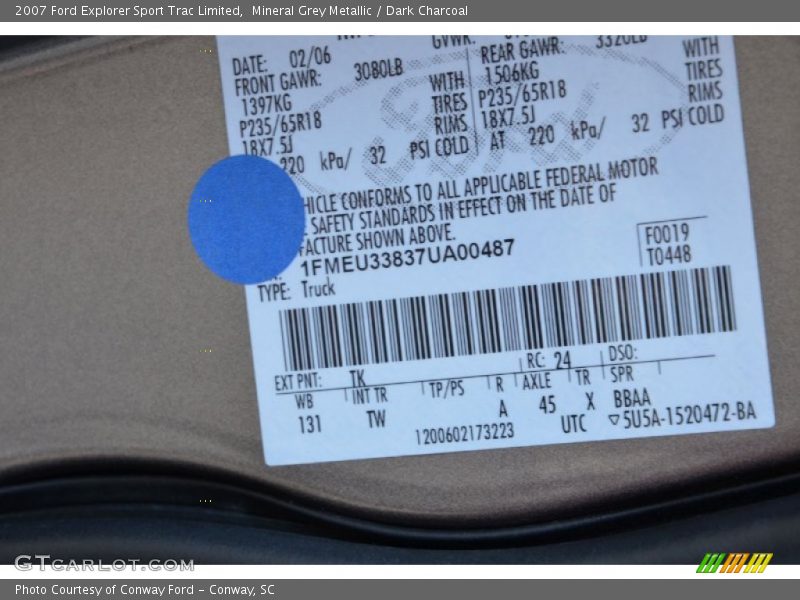 Mineral Grey Metallic / Dark Charcoal 2007 Ford Explorer Sport Trac Limited