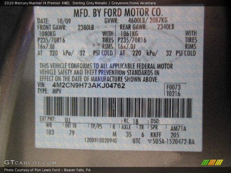 Sterling Grey Metallic / Greystone/Stone Alcantara 2010 Mercury Mariner I4 Premier 4WD